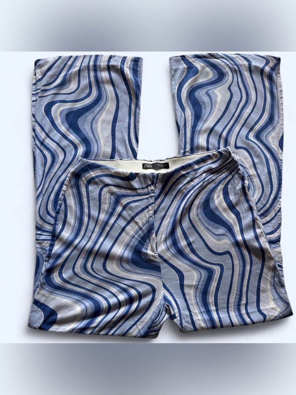 Zara Blue White Swirl Linen Blend Split Hem Flare Pants Retro 70s Psychedelic L